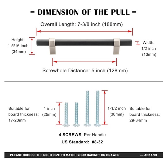 ASKANO Black Hexagon Bar & Nickel Foot Kitchen Cabinet Handle- 10 ct - Picture 4 of 7